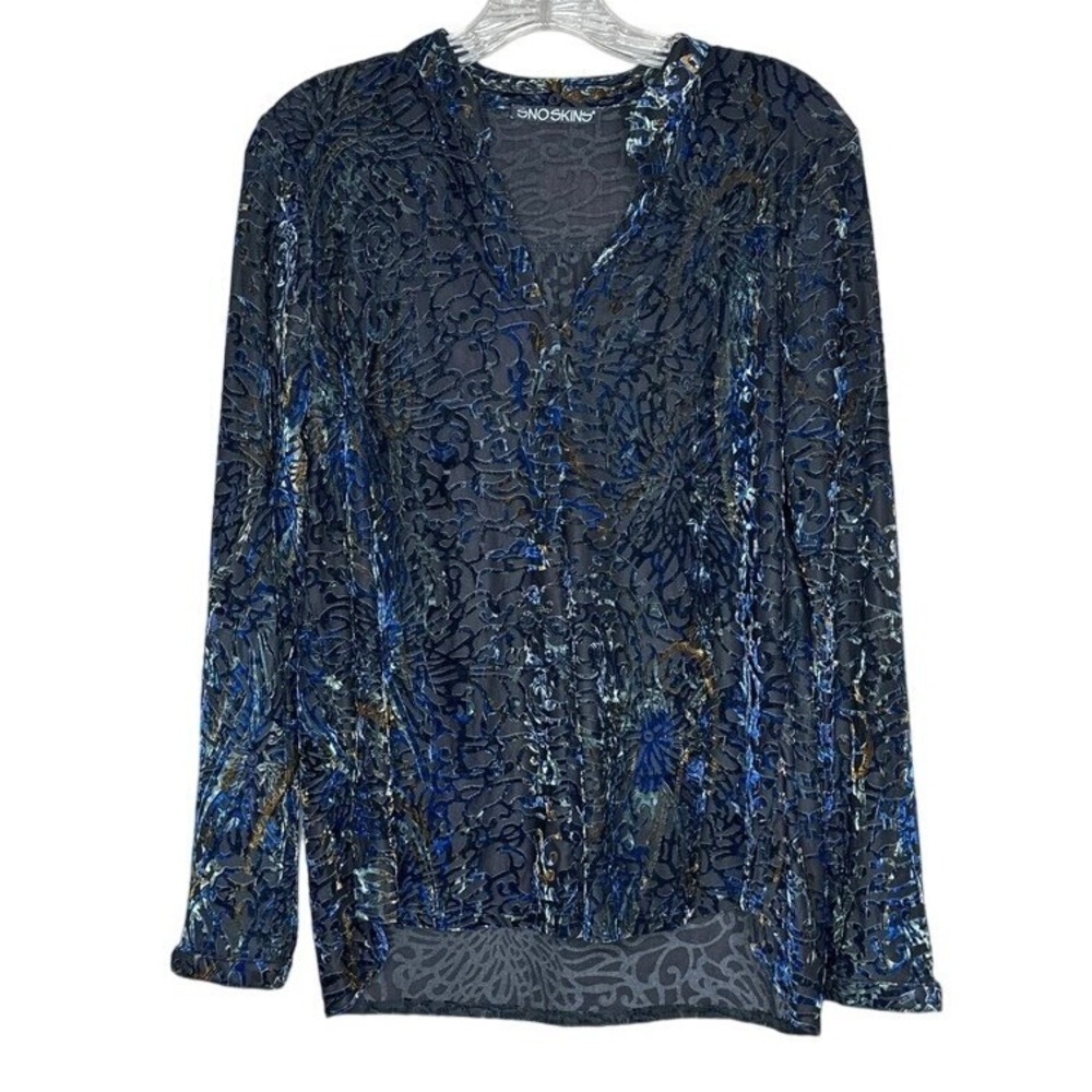 Snoskins Blue Black Burnout Velvet Floral Blouse V-Neck Long Sleeve S Whimsygoth